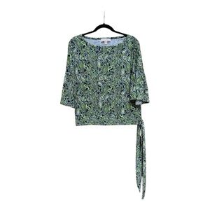 Michael Kors Navy Blue/Green Paisley Asymmetrical Tie Front Blouse Women’s